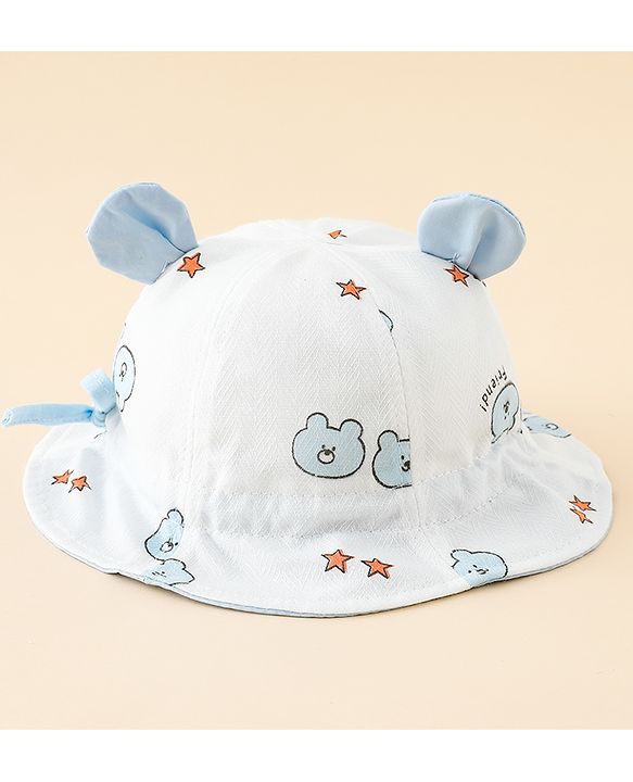 Babyhug Bucket Hat with Bear Print & Ear Applique Yellow - Diameter 16 cm
