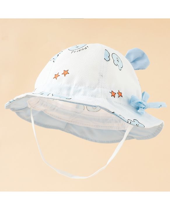 Babyhug Bucket Hat with Bear Print & Ear Applique Yellow - Diameter 16 cm