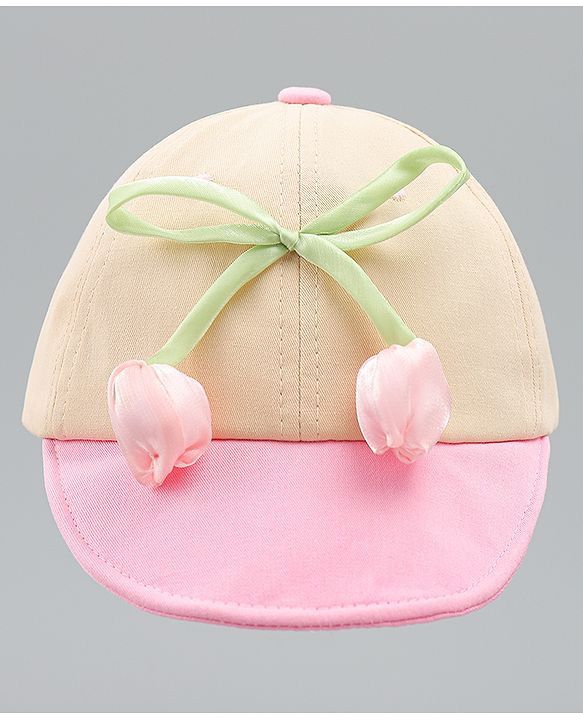 Babyhug Cotton Baseball Cap With Floral Applique Pink - Diameter 17 cm