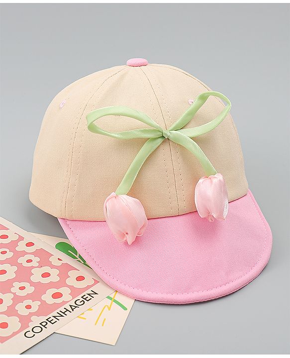 Babyhug Cotton Baseball Cap With Floral Applique Pink - Diameter 17 cm