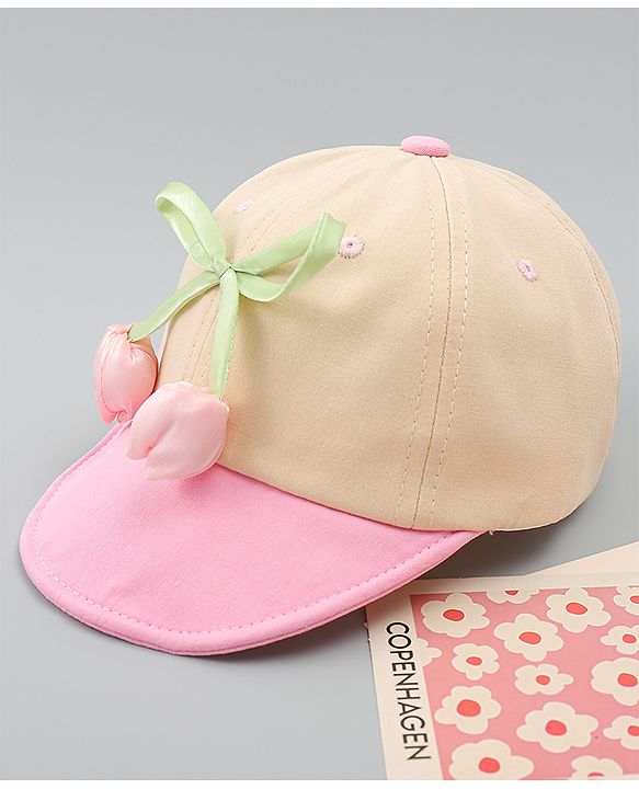 Babyhug Cotton Baseball Cap With Floral Applique Pink - Diameter 17 cm