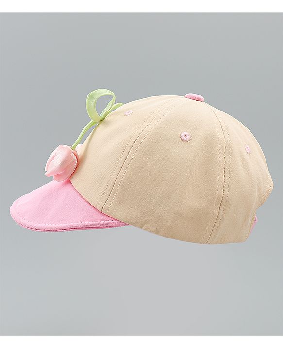Babyhug Cotton Baseball Cap With Floral Applique Pink - Diameter 17 cm