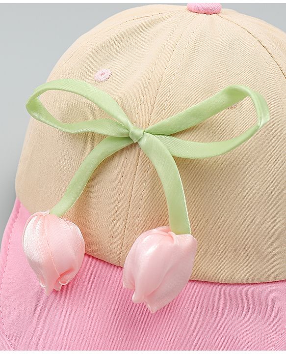 Babyhug Cotton Baseball Cap With Floral Applique Pink - Diameter 17 cm