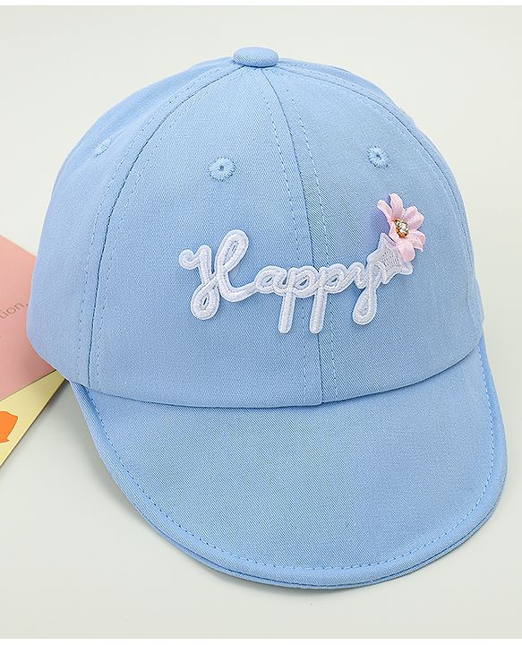 Babyhug Cotton Baseball Cap With Floral Applique Light Blue - Diameter 17 cm