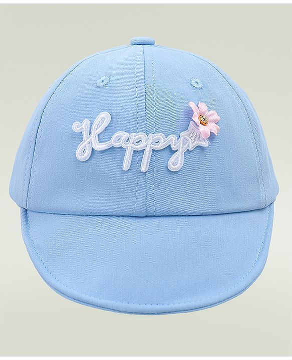 Babyhug Cotton Baseball Cap With Floral Applique Light Blue - Diameter 17 cm