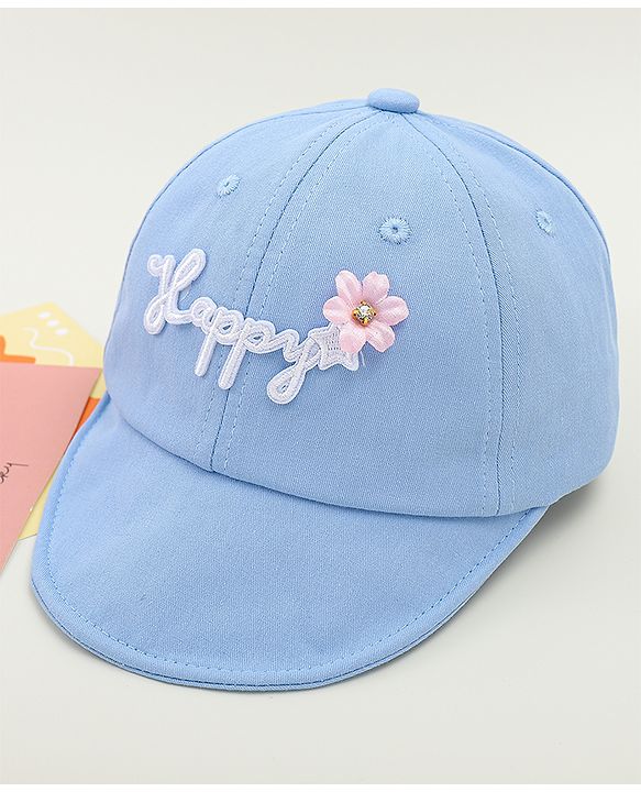 Babyhug Cotton Baseball Cap With Floral Applique Light Blue - Diameter 17 cm