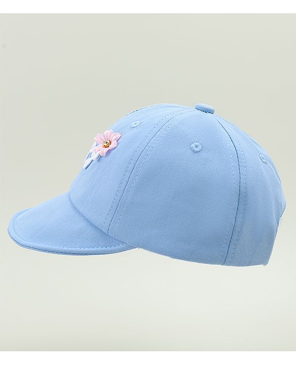 Babyhug Cotton Baseball Cap With Floral Applique Light Blue - Diameter 17 cm