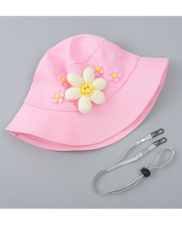 Babyhug Cotton Bucket Hat With Floral Applique Pink - Diameter 17 cm