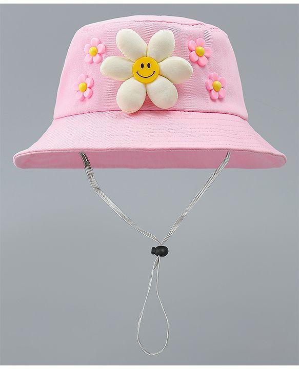 Babyhug Cotton Bucket Hat With Floral Applique Pink - Diameter 17 cm