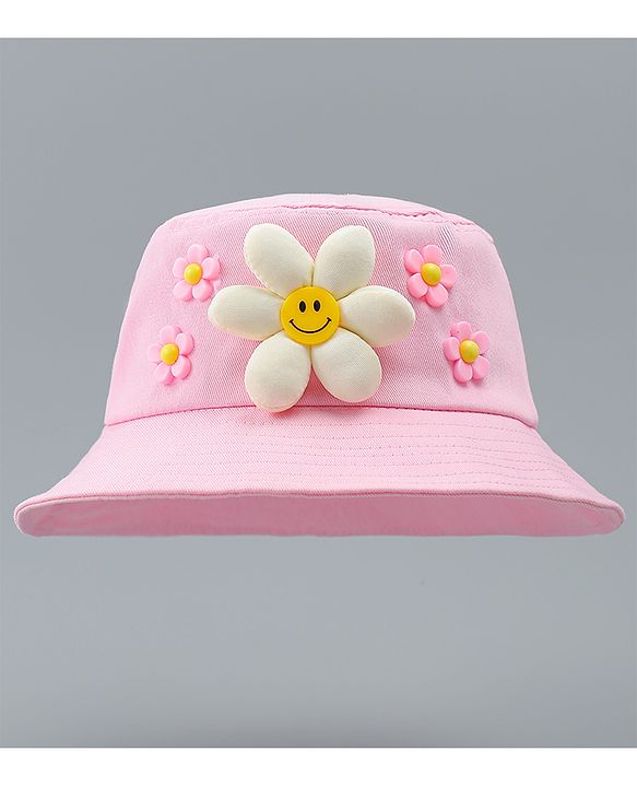 Babyhug Cotton Bucket Hat With Floral Applique Pink - Diameter 17 cm