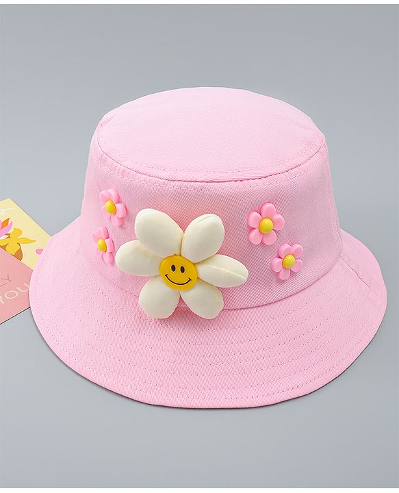 Babyhug Cotton Bucket Hat With Floral Applique Pink - Diameter 17 cm