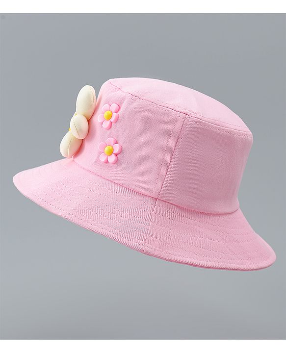 Babyhug Cotton Bucket Hat With Floral Applique Pink - Diameter 17 cm