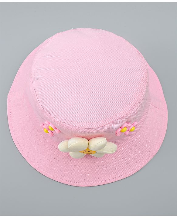 Babyhug Cotton Bucket Hat With Floral Applique Pink - Diameter 17 cm