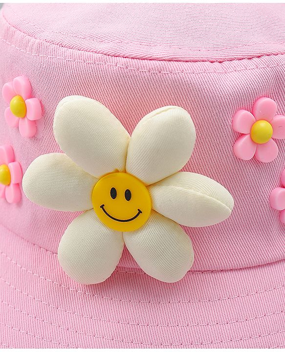 Babyhug Cotton Bucket Hat With Floral Applique Pink - Diameter 17 cm