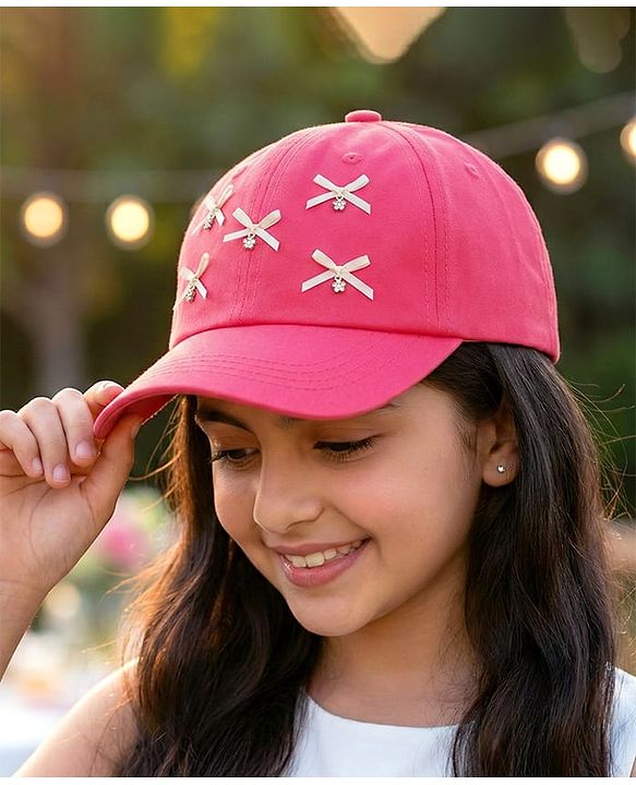 Pine Kids Cotton Baseball Cap With Bow Applique Fuchsia - Diameter 17 cm