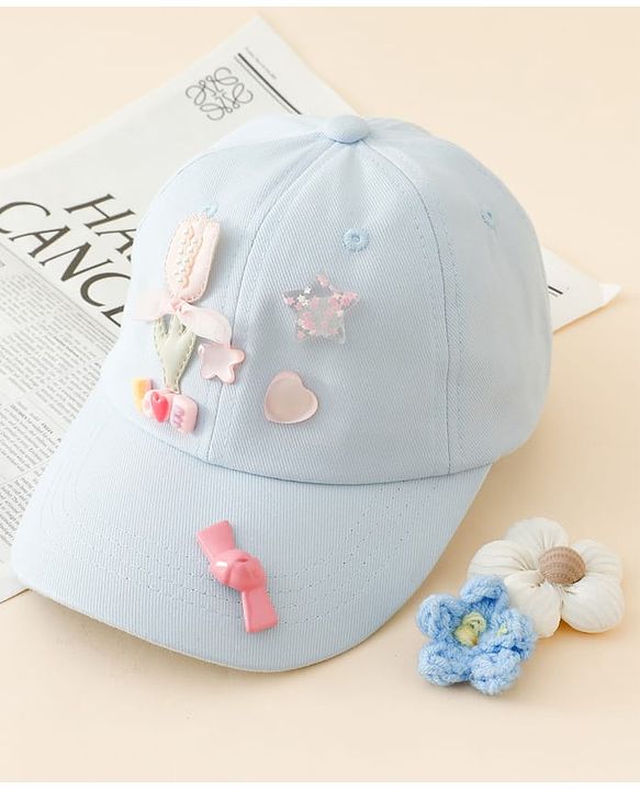 Pine Kids Cotton Baseball Cap With Heart & Star Applique Light Blue - Diameter 17 cm