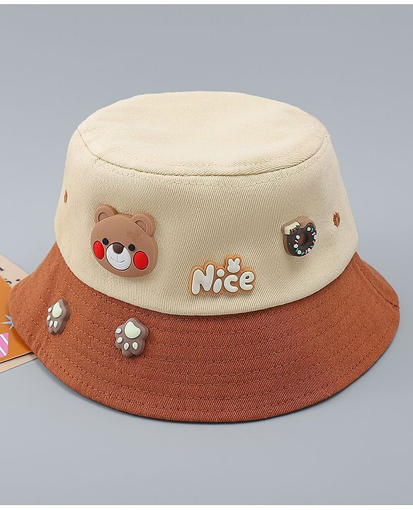 Babyhug 100% Cotton Bucket Hat With Teddy Bear Applique Brown - Diameter 16 cm