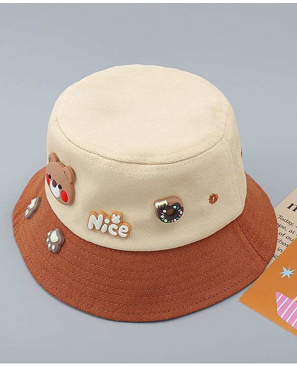 Babyhug 100% Cotton Bucket Hat With Teddy Bear Applique Brown - Diameter 16 cm