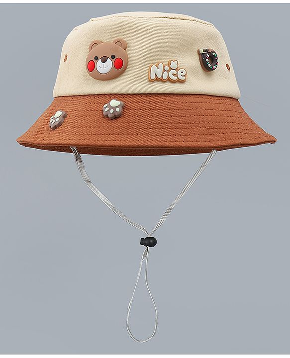 Babyhug 100% Cotton Bucket Hat With Teddy Bear Applique Brown - Diameter 16 cm