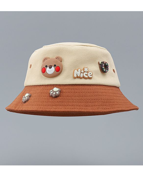 Babyhug 100% Cotton Bucket Hat With Teddy Bear Applique Brown - Diameter 16 cm