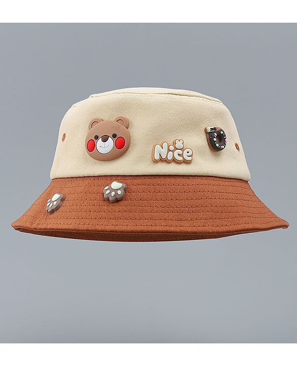 Babyhug 100% Cotton Bucket Hat With Teddy Bear Applique Brown - Diameter 16 cm