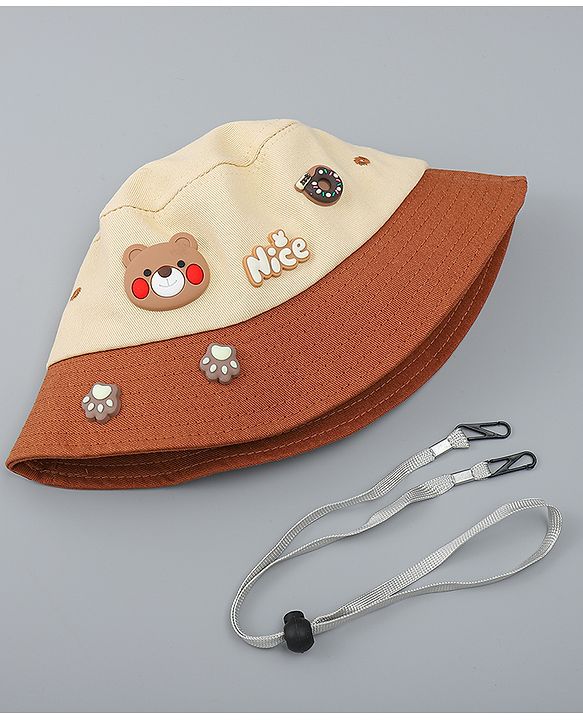 Babyhug 100% Cotton Bucket Hat With Teddy Bear Applique Brown - Diameter 16 cm