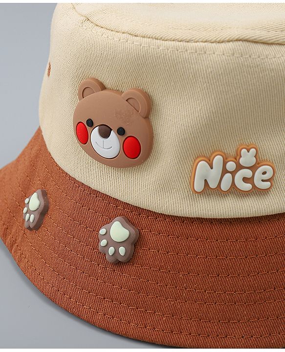 Babyhug 100% Cotton Bucket Hat With Teddy Bear Applique Brown - Diameter 16 cm