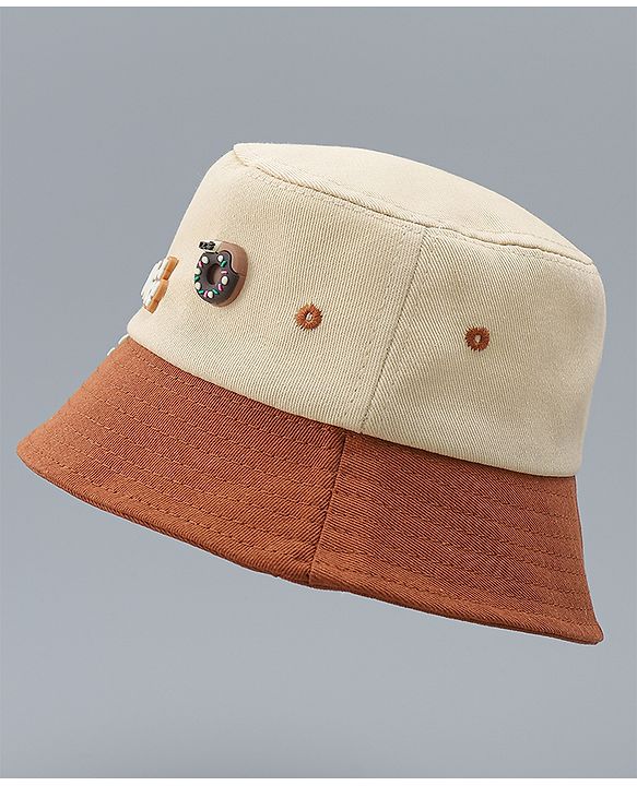 Babyhug 100% Cotton Bucket Hat With Teddy Bear Applique Brown - Diameter 16 cm
