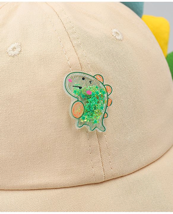 Babyhug Cotton Baseball Cap With Dino Applique Beige - Diameter 17 cm