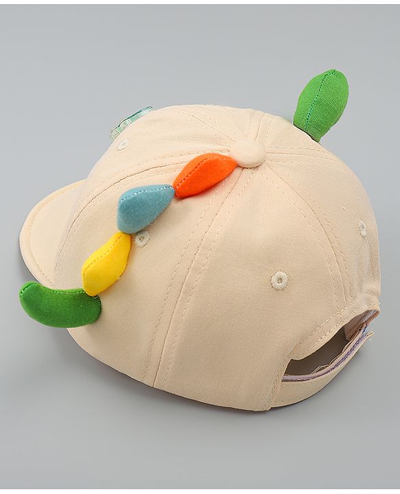 Babyhug Cotton Baseball Cap With Dino Applique Beige - Diameter 17 cm