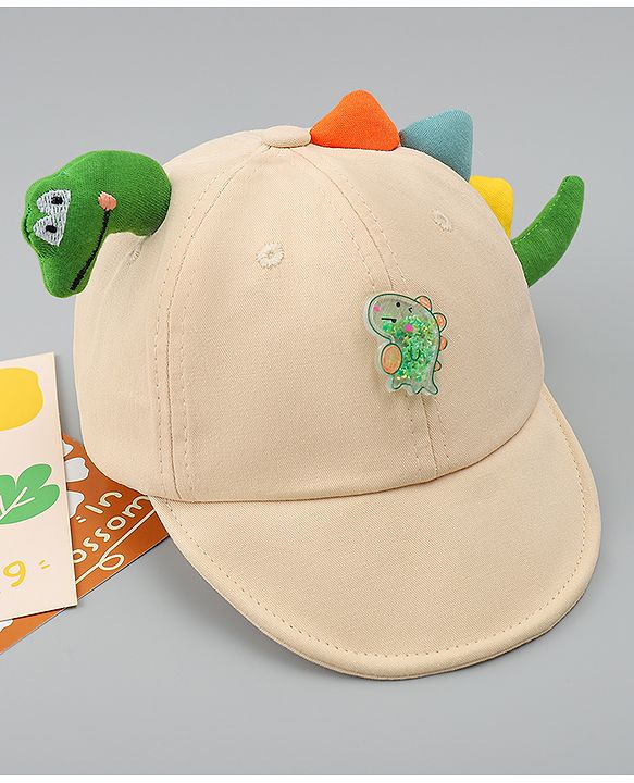 Babyhug Cotton Baseball Cap With Dino Applique Beige - Diameter 17 cm