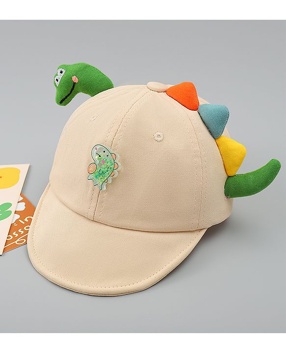 Babyhug Cotton Baseball Cap With Dino Applique Beige - Diameter 17 cm