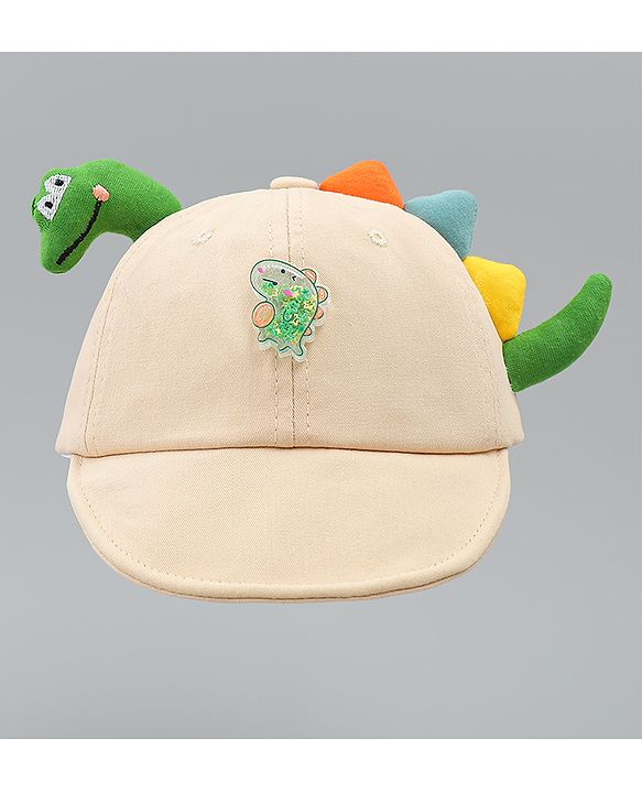 Babyhug Cotton Baseball Cap With Dino Applique Beige - Diameter 17 cm