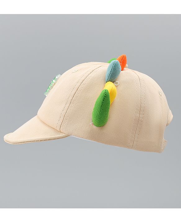 Babyhug Cotton Baseball Cap With Dino Applique Beige - Diameter 17 cm