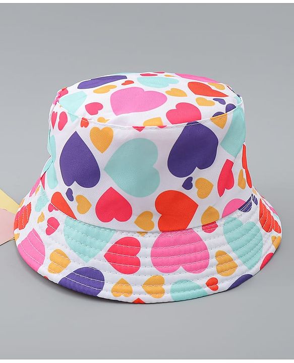 Pine Kids Bucket Hat With Heart Print White - Diameter 17 cm