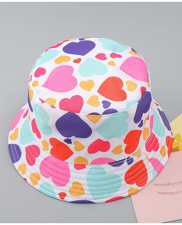 Pine Kids Bucket Hat With Heart Print White - Diameter 17 cm