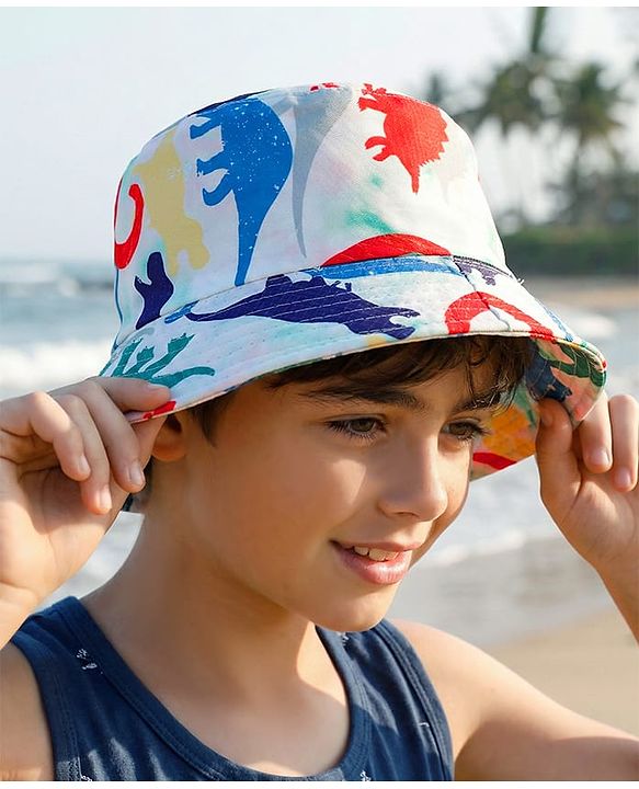 Pine Kids Bucket Hat With Dino Print White - Diameter 17 cm