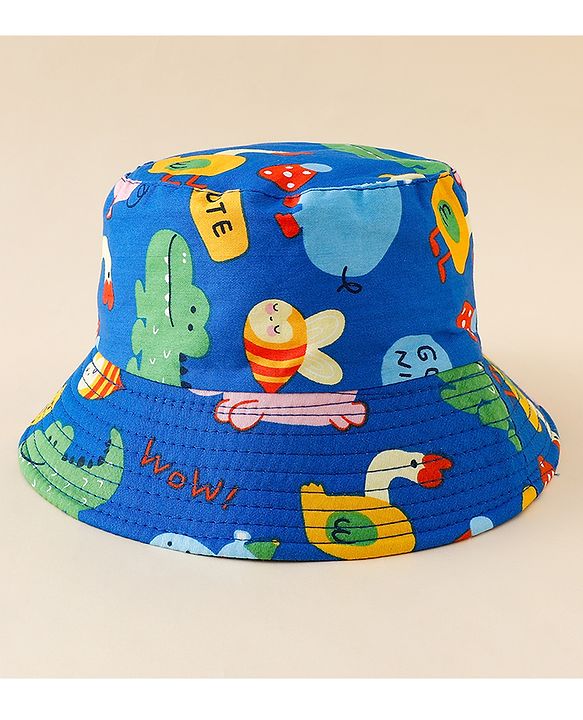 Babyhug Bucket Hat with Jungle Theme Print Blue - Diameter 16 cm