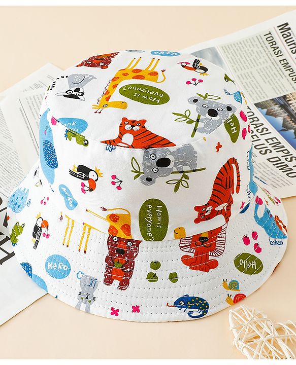 Babyhug Bucket Hat with Jungle Theme Print White - Diameter 17 cm