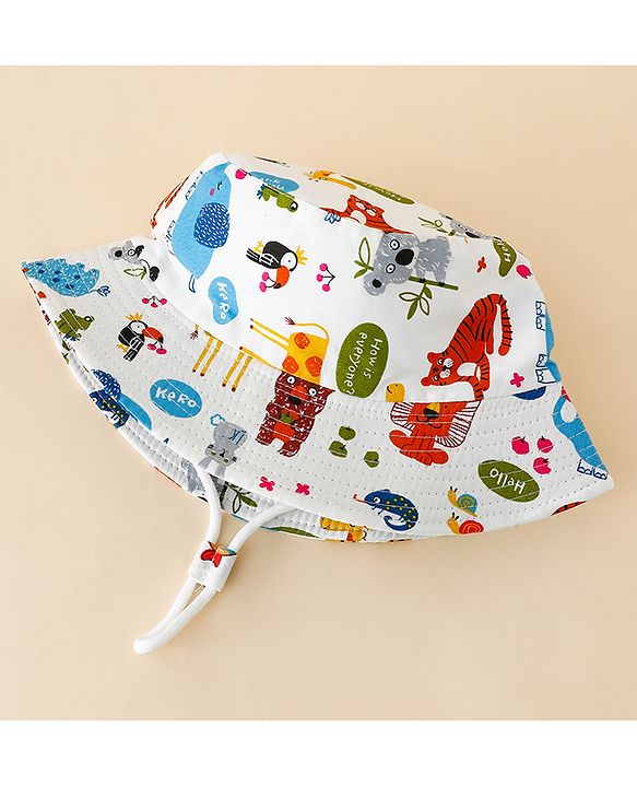 Babyhug Bucket Hat with Jungle Theme Print White - Diameter 17 cm