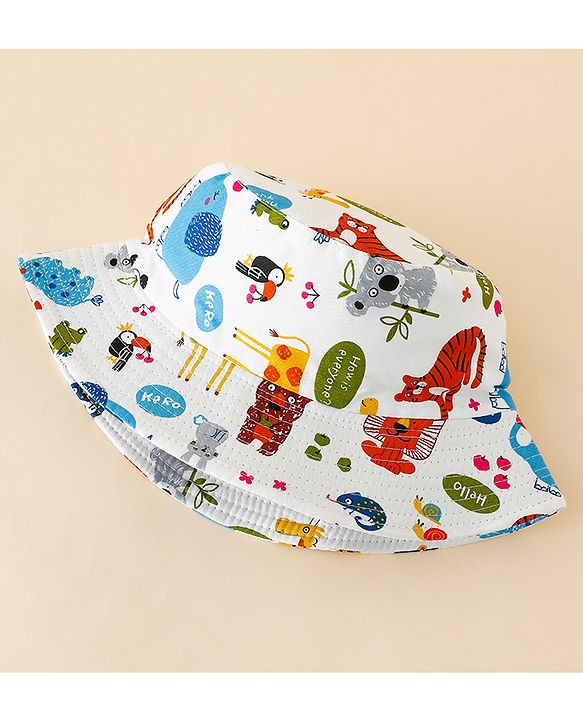 Babyhug Bucket Hat with Jungle Theme Print White - Diameter 17 cm