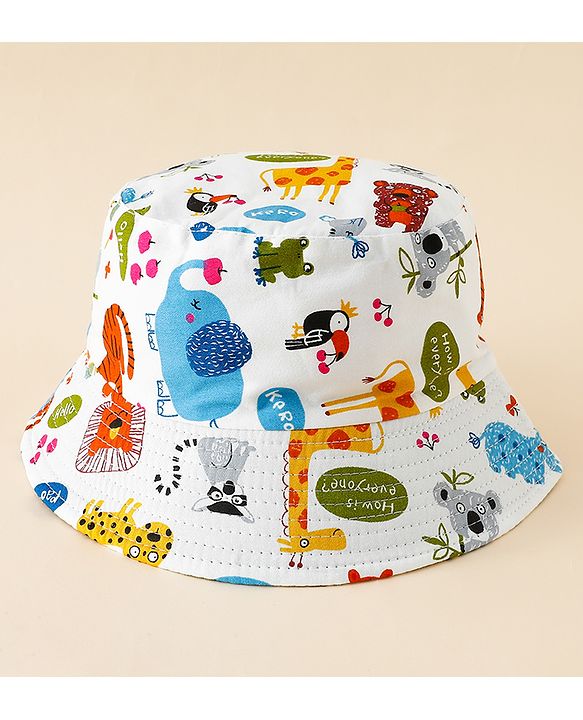 Babyhug Bucket Hat with Jungle Theme Print White - Diameter 17 cm