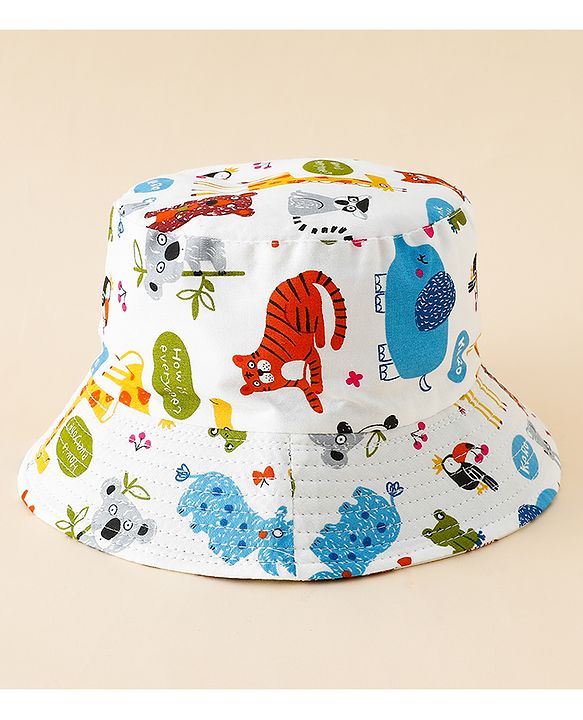 Babyhug Bucket Hat with Jungle Theme Print White - Diameter 17 cm