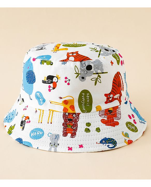 Babyhug Bucket Hat with Jungle Theme Print White - Diameter 17 cm