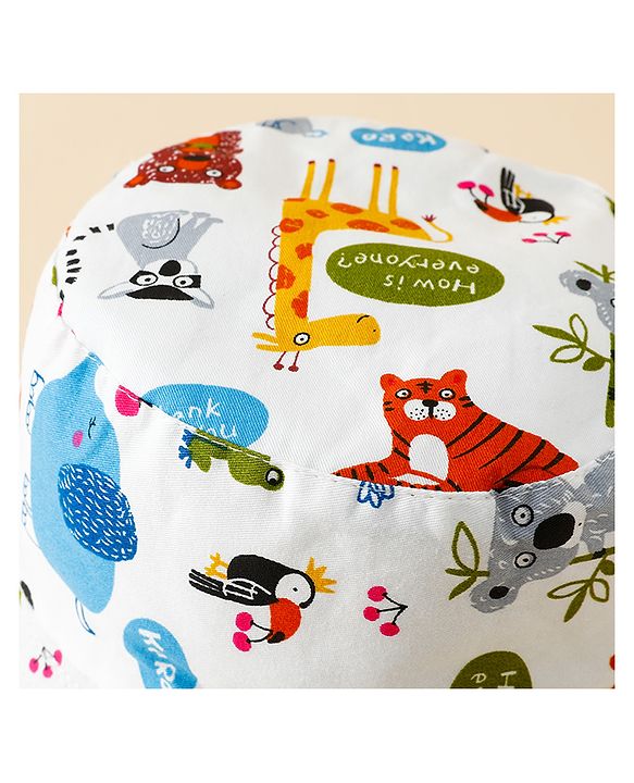 Babyhug Bucket Hat with Jungle Theme Print White - Diameter 17 cm