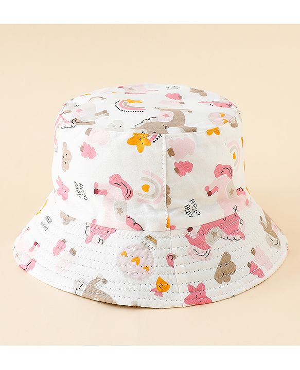 Babyhug Bucket Hat with Unicorn Print White - Diameter 17 cm