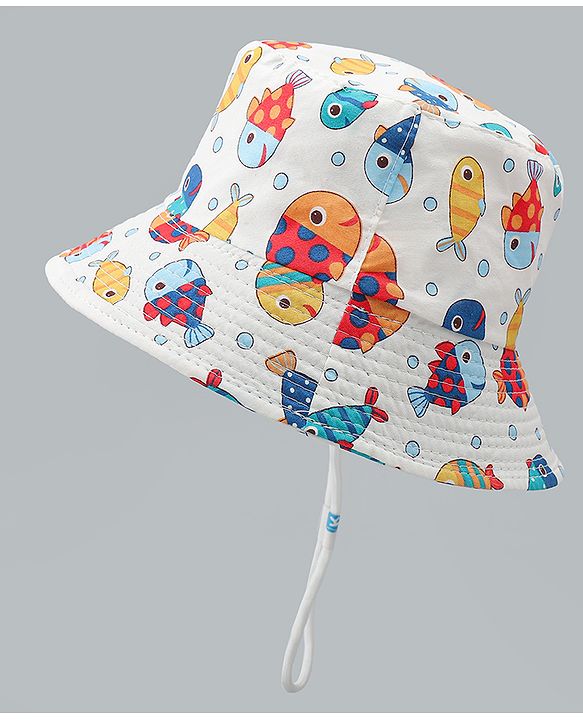 Babyhug Bucket Hat with Sea Life Print White - Diameter 16 cm