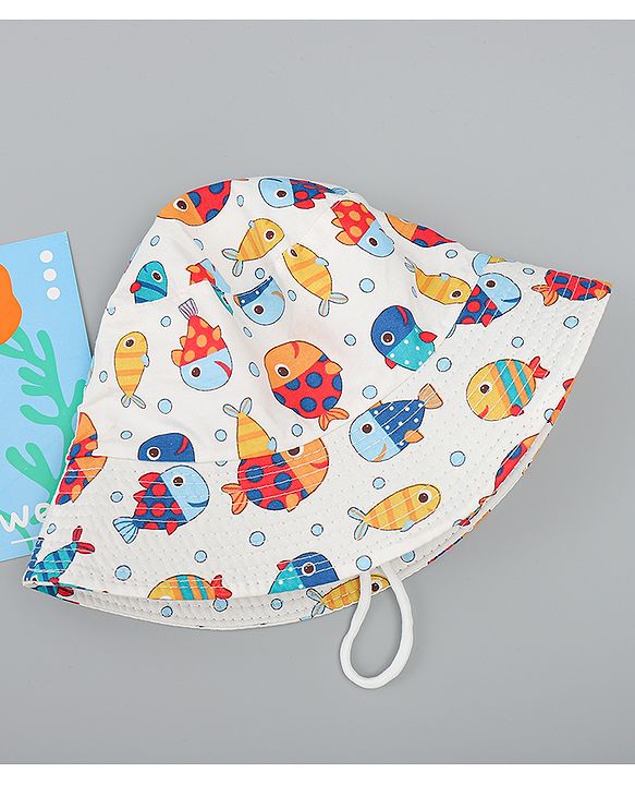Babyhug Bucket Hat with Sea Life Print White - Diameter 16 cm