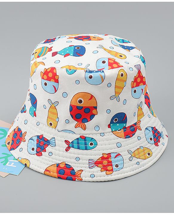Babyhug Bucket Hat with Sea Life Print White - Diameter 16 cm