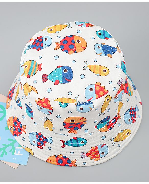 Babyhug Bucket Hat with Sea Life Print White - Diameter 16 cm